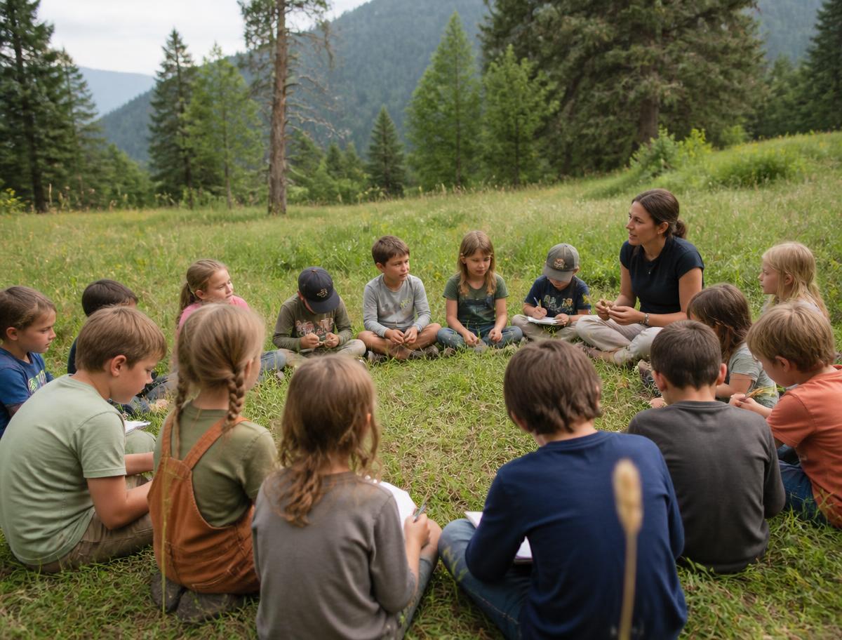 Školní třída sedí v kruhu na louce během outdoorového programu